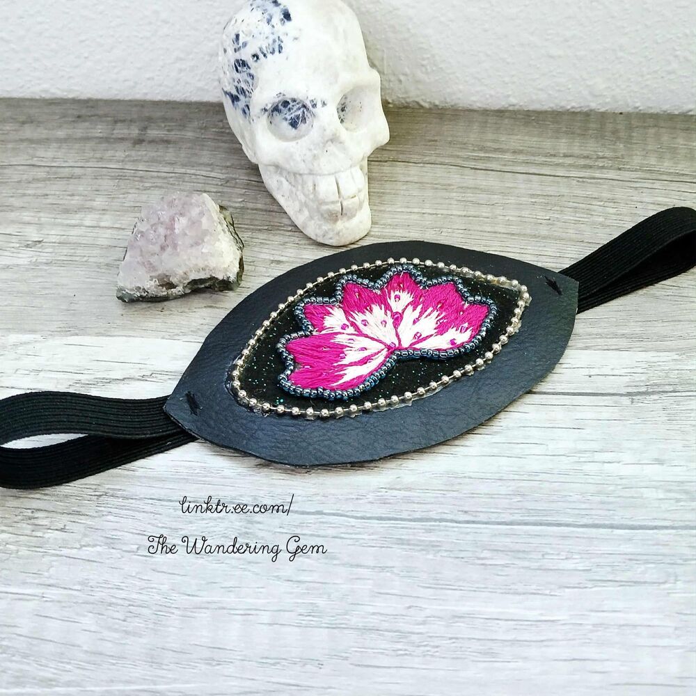 Hand Embroidered Lotus Flower Eye Patch, Costume Accessory, Vision Ocular Aid